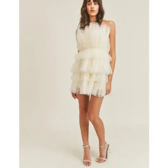 MABLE Women's Cream Strapless Tulle Tiered Ruffle Mini Dress S - Picture 1 of 8